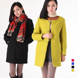 2015秋冬新款大码茧型羊毛呢外套无领长袖女装韩版宽松显瘦大衣潮