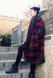 韩国原单宽松大码显瘦长款风复古红绿格子羊毛呢子大衣秋冬外套女