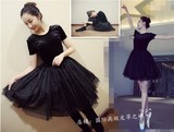 韩版S.Z新款丝绒蓬蓬裙长袖短袖黑色晚礼服修身连衣裙女春夏裙子