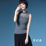 春夏季新款纯色高领短袖 韩版简约镂空短款蕾丝修身显瘦打底衫女