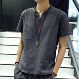 中国风夏季男短袖T恤纯色v领体恤男装修身亚麻衣服半袖棉麻上衣