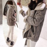 韩版宽松短款鹿皮绒外套女机车服加厚麂皮绒羊羔毛机车外套WTB001