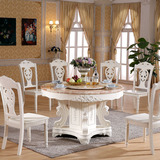 欧式天然大石实木餐桌椅组合象牙白色雕花圆桌家用描银双层饭桌