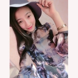 Lin2016春装新款韩版女装水墨画印花长袖雪纺裙中长款羽纱连衣裙
