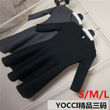 YOCCI2016春新品韩国女装 修身显瘦七分袖针织连衣裙打底小黑裙