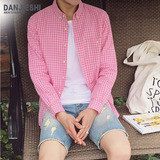 丹杰仕男士格子衬衫夏季薄款纯棉长袖衬衣青年韩版修身休闲外套男