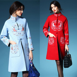 2015秋冬新款复古女装中国民族风重工刺绣大码中长款毛呢大衣外套