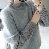 韩版秋冬新款针织衫女麻花袖大码打底衫半高领兔毛套头加厚毛衣