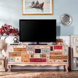美式乡村实木复古电视柜彩色多斗柜收纳柜法式浪漫家具可定制