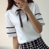 夏季衣服女韩版学生短袖白衬衫韩范学院风娃娃领上衣百搭短款衬衣