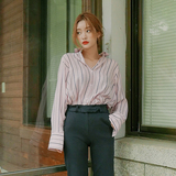 韩国Stylenanda代购正品粉色竖条纹衬衫女长袖中长款宽松开叉休闲