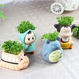 龙猫系列创意DIY迷你种植草陶瓷小盆栽 办公室桌面绿色植物栽培