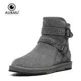 澳洲AUMU冬季时尚绑带扣女短筒靴真皮雪地靴纯羊毛短靴子N020
