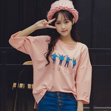 2016春季新款韩版女装宽松T恤印花卡通人仔英文短款长袖上衣潮