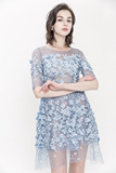高端定制2016夏季新款欧美名媛风刺绣贴花立体装饰蕾丝连衣裙短裙