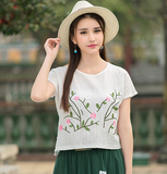 2016夏季新款民族风女装大码中国风绣花棉麻上衣短款短袖女T恤