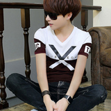 夏季男士短袖t恤衫韩版修身V领体恤男装上衣服青年学生休闲外套潮