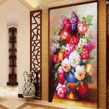 大型无缝壁画壁纸墙纸墙布设计尺寸玄关背景欧式油画花瓶花卉牡丹