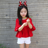 女童短袖T恤夏纯棉韩版童装春新款儿童上衣中大童红色娃娃打底衫