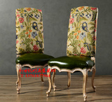 RH法式美式复古高背餐椅实木家具绿色皮餐椅布艺花扶手书椅现货