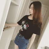 2016韩国春装新款亮片花朵纯棉圆领套头短袖T女恤时尚半袖上衣女