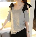 爆款新款韩版肩膀系带露肩袖短袖T恤夏季少女学生女装上衣中长款