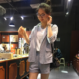 2016年韩国春夏季新款绿色灰色7分袖西装短裤套装休闲时尚两件套