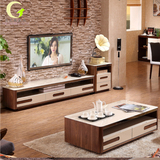 茶几电视柜组合 简约现代板式储物钢化玻璃胡桃木纹客厅成套家具