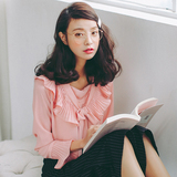 2016秋装新款韩版学院风荷叶边娃娃领甜美气质系带长袖衬衫女衬衣