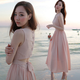 韩国代购2016夏装新款韩版小香风雪纺无袖连衣裙修身绑带沙滩长裙