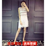 西西小可 2016夏装新款优雅蕾丝裙圆领无袖后系带内衬吊带连衣裙
