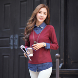 2015韩版新款春装牛仔撞色假两件套针织衫女衬衫针织衫0.384公斤
