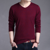 韩版  秋季新款潮流男装修身V领针织衫潮男薄款男士纯羊绒长袖t恤