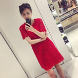 韩国代购2016春夏新款气质镂空红色裙子修身短袖蕾丝连衣裙女Q023