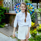 预售UGOCCAM秋装女装新款2016气质淑女POLO领条纹蓝色衬衫女短袖
