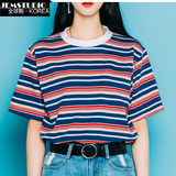 韩国官网正品代购女装16夏季新款韩版学院条纹配色短袖T恤Mixxmix