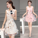 2016夏季女装新款韩版甜美欧根纱蓬蓬裙修身显瘦无袖圆领连衣裙