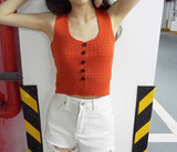 夏季韩版复古短款气质修身显瘦无袖T恤女纽扣针织毛线背心上衣潮