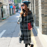 韩国冬装新品西装领长款加棉毛呢外套女时尚格子修身羊毛呢子大衣