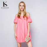 K．S．Bere/卡斯比亚时尚精致品质粉色OL性感露肩女士简约连衣裙