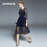 ZIMMUR2016夏装新款女装圆领五分袖OL通勤时尚中长款蕾丝连衣裙