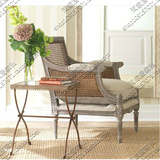 美式实木做旧风化白单人沙发椅法式布艺后背包藤新古典扶手座椅