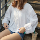 韩范休闲系带设计宽松V领泡泡袖纯色长袖衬衫女娃娃衫上衣