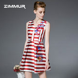 ZIMMUR2016春装新款女装圆领无袖OL通勤修身显瘦条纹连衣裙中裙