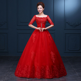 新娘红色婚纱礼服 2016新款冬季长袖一字肩大码蕾丝红色婚纱齐地