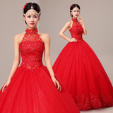 婚纱礼服2016新款夏季韩式新娘孕妇结婚齐地大码修身红色挂脖抹胸