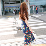 韩国2016夏季新品修身女装 复古碎花吊带连衣裙度假大摆长裙女