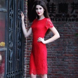 欧洲站夏装新款女装收腰显瘦修身短袖蕾丝连衣裙中长款红色裙子