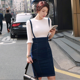 韩国正品代购2016春季新气质时尚修身高腰牛仔裙包臀背带裙中裙女