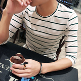 韩版修身型七分袖T恤男士纯棉中袖圆领条纹体恤衫潮男7分袖打底衫
